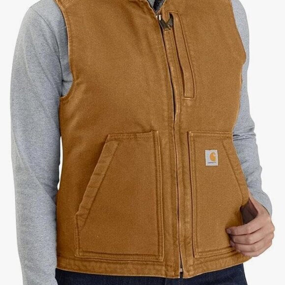 NEW Carhartt Brown Washed Duck Canvas Sherpa Lined Barn Vest Women’s Size‎ XXL - Picture 1 of 11